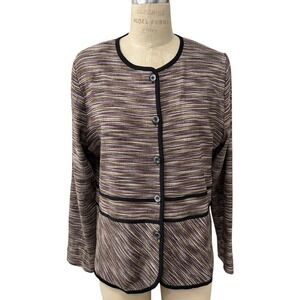 Exclusively Misook Striped Knit Collarless Sweater Jacket Womens L Black Trim